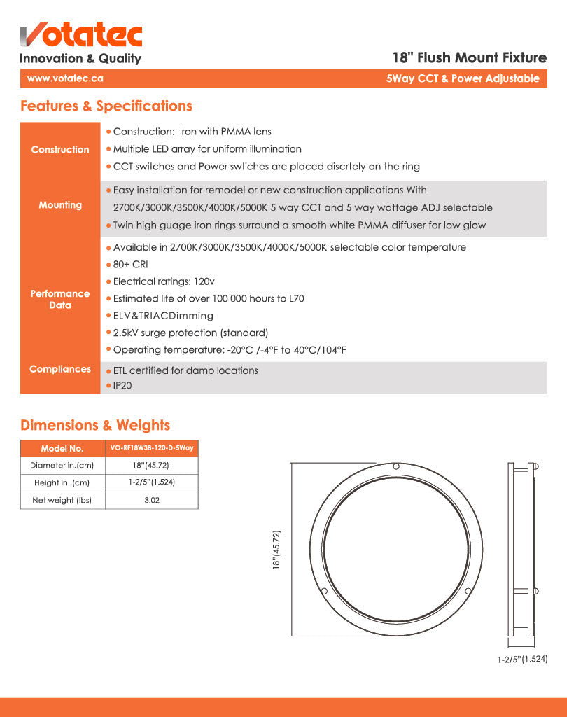 Votatec 15" Round LED Flush Mount 5CCT, Watt Adjustable (Silver/Black/Brushed Brass)