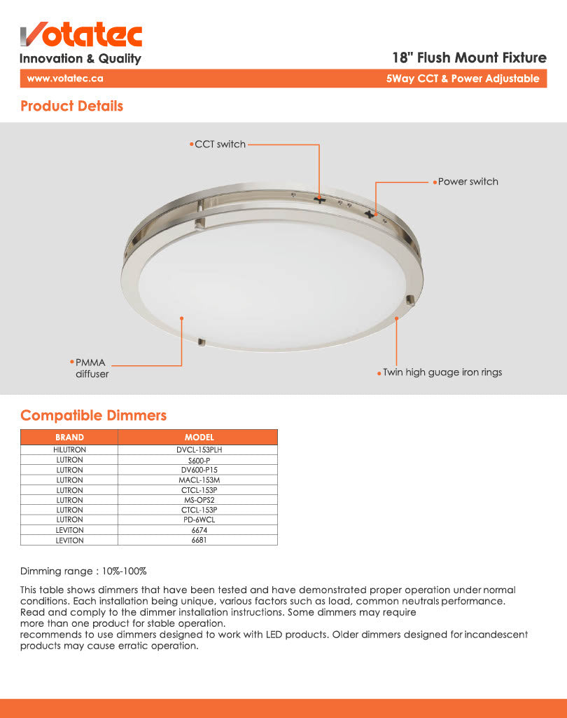 Votatec 12" Round LED Flush Mount 5CCT, Watt Adjustable (Silver/Black/Brushed Brass)