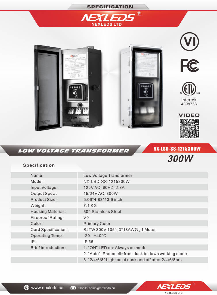 NEXLED 300W Stainless Steel Landscape Low Voltage Transformer — Photocell + Timer, IP65 (ETL)
