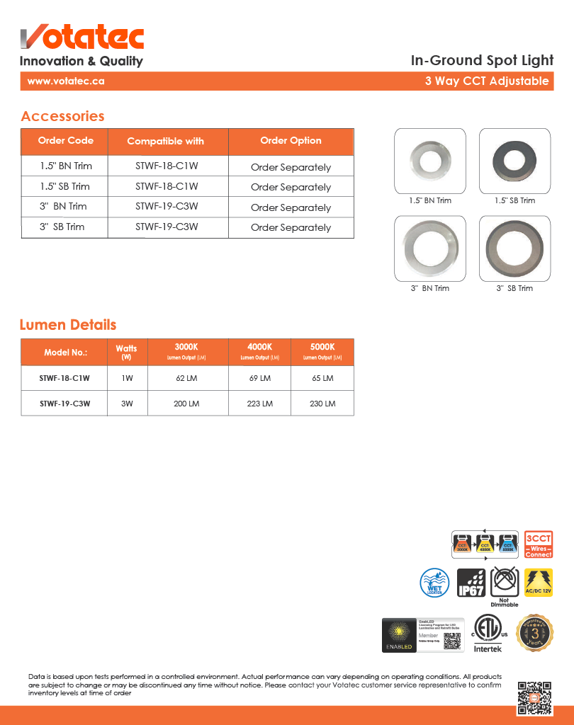 Votatec In-Ground LED Well Light Drive-Over, 12V, 3CCT, IP67