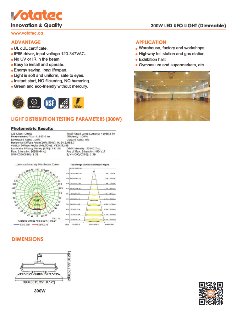 Votatec 300W UFO LED High Bay – 42,000 Lumens | 5000K | 120–347V|Dimmable