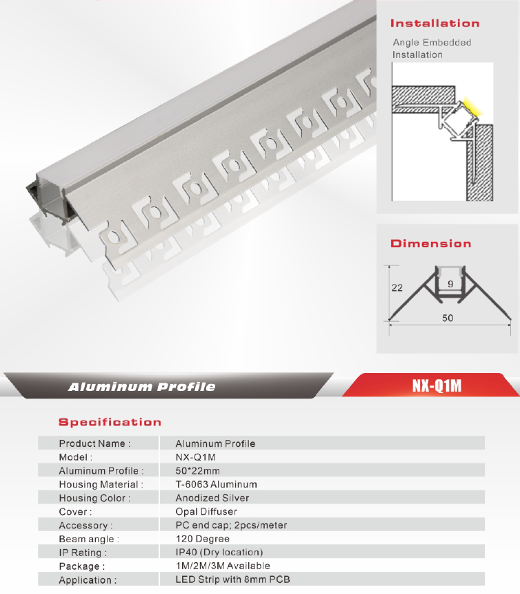 Outside-Corner Drywall LED Aluminum Profile – NX-Q1M (3M / 10ft)
