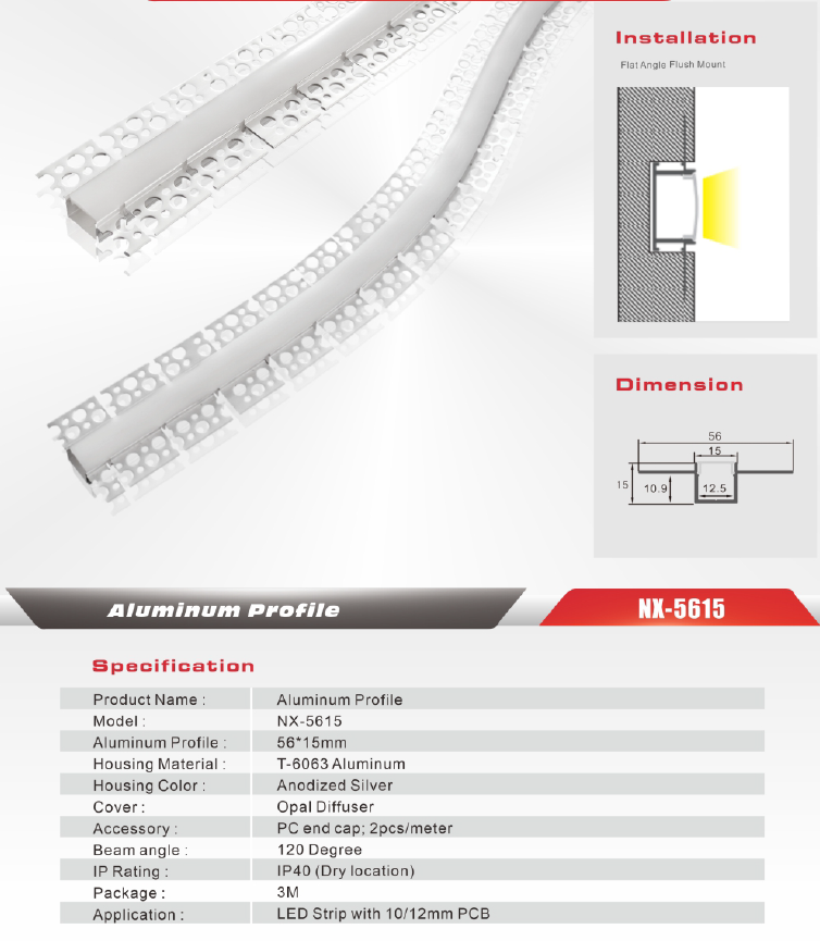 Flexible Drywall LED Aluminum Profile – NX-Q5615 (3M / 10ft)
