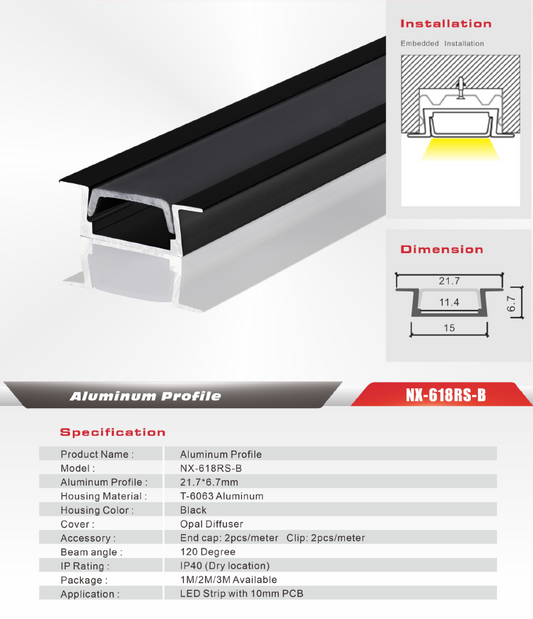 Recessed LED Aluminum Profile (Black) NX-618RS-B (3M / 10ft)
