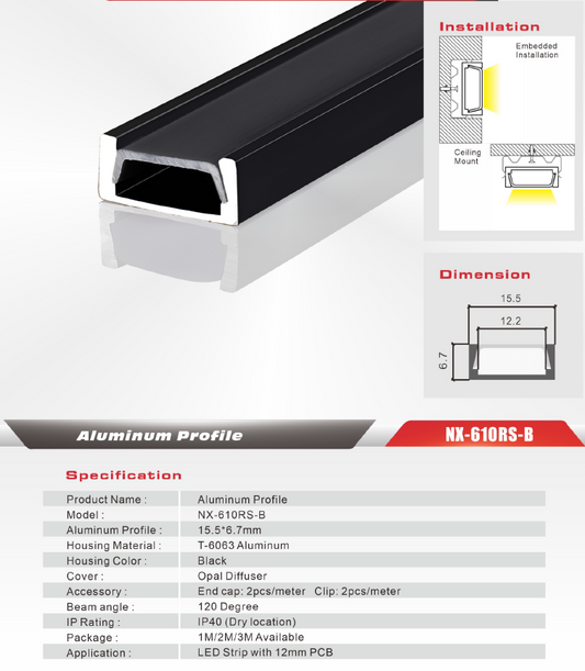 Surface-Mount LED Aluminum Profile (Black) – NX-610RS-B (3M / 10ft)