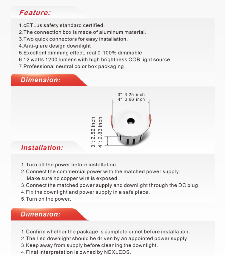 3" LED Anti-Glare Spot Light 12W 5CCT (NX-3A0GDL-12W-5CCT-W)
