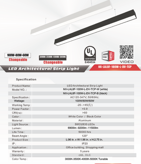8 ft LED Architectural Linear Light Up/Down Adjustable, Black (NX-LAL8F-100W-L-DV-TCP-B)