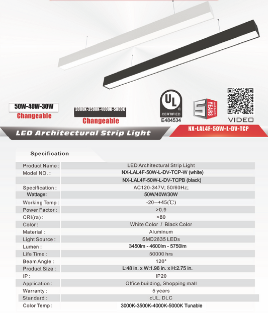 4 ft LED Architectural Linear Light Up/Down Adjustable, Black (NX-LAL4F-50W-L-DV-TCP-B)
