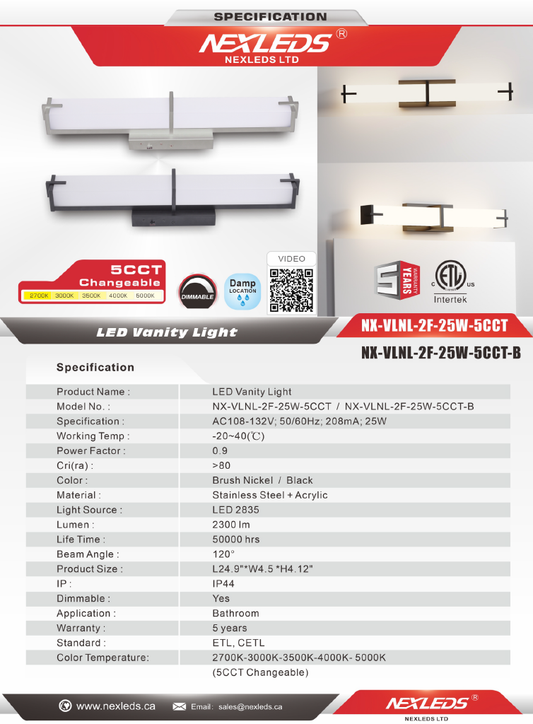 LED Rectangular Vanity Light-25W-2FT-5CCT (NX-VLDR-2F-25W)