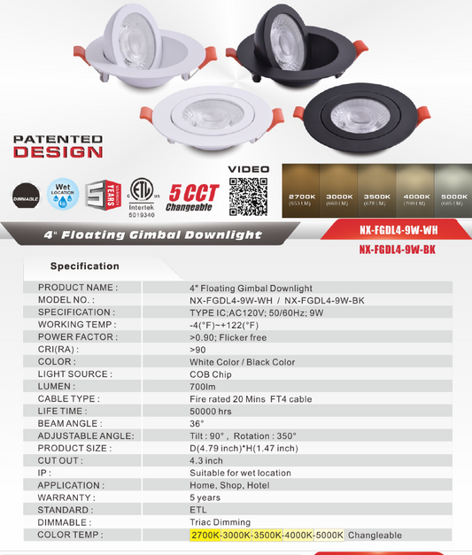 4" Floating Gimbal LED Downlight, Black-NX-FGDL4-9W-BK