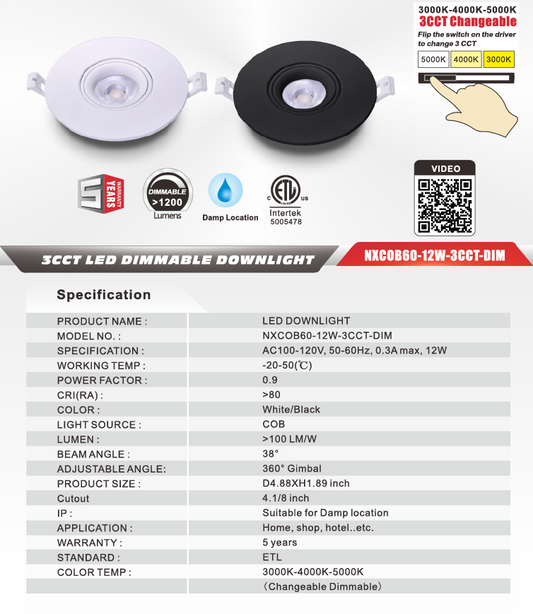 4" COB LED Dimmable Gimbal Downlight, Black-NXCOB60-12W-3CCT-DIM-B