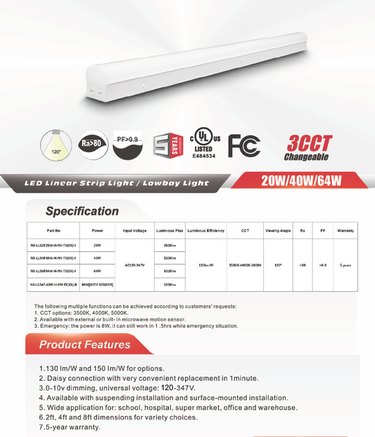 8 ft Slim LED Linear Low Bay / Strip Light, Wattage-Select 40-64W, 3CCT-NX-LLS8F64W