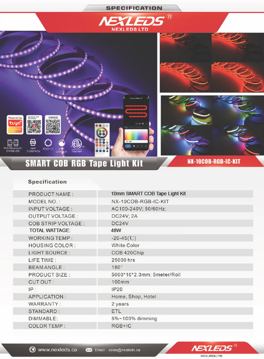 Smart RGB + IC COB LED Tape Light Kit, 5M (10mm)-NX-10COB-RGB-IC-KIT