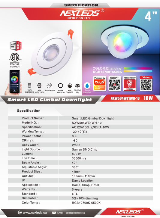Smart RGBCW LED Gimbal Downlight, WiFi + Bluetooth-NXW504WE1WH-10