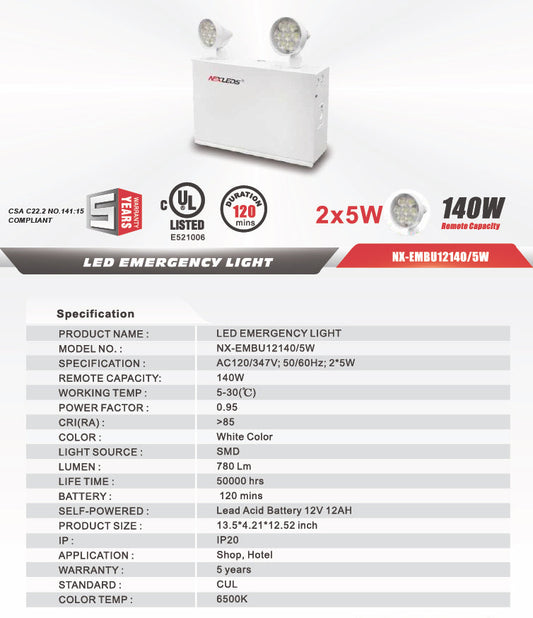 Steel Emergency Battery Pack Unit, 12V 140W (30 min), 2x5W Heads – NX-EMBU12140/5W