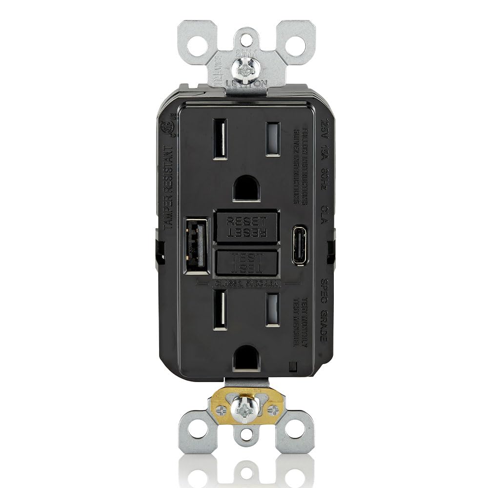 15A GFCI + USB Combo Outlet — Type A+C, Tamper-Resistant, LED Guide Light