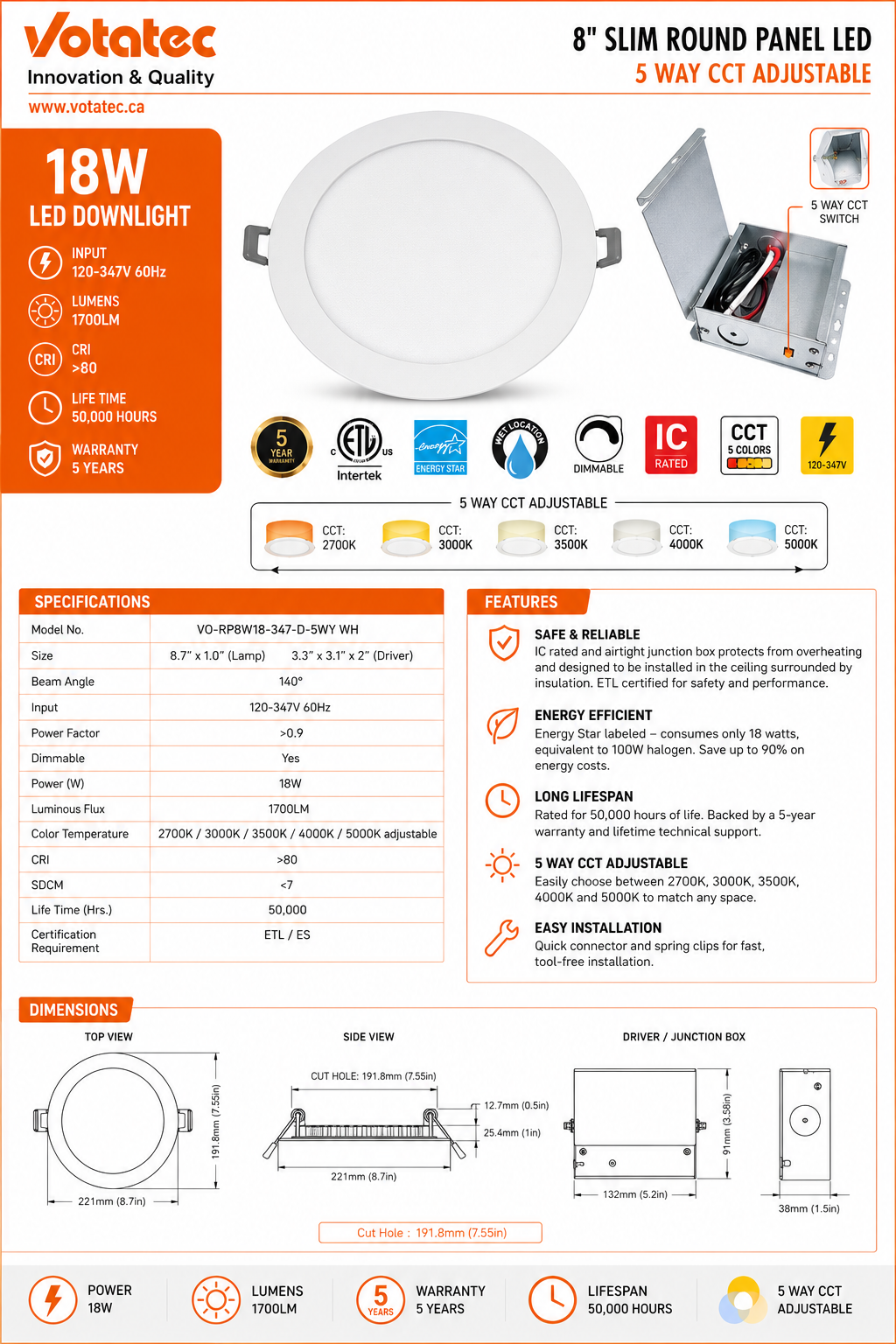 Votatec 8" Slim LED Pot Light — 5CCT Adjustable, 100-347V