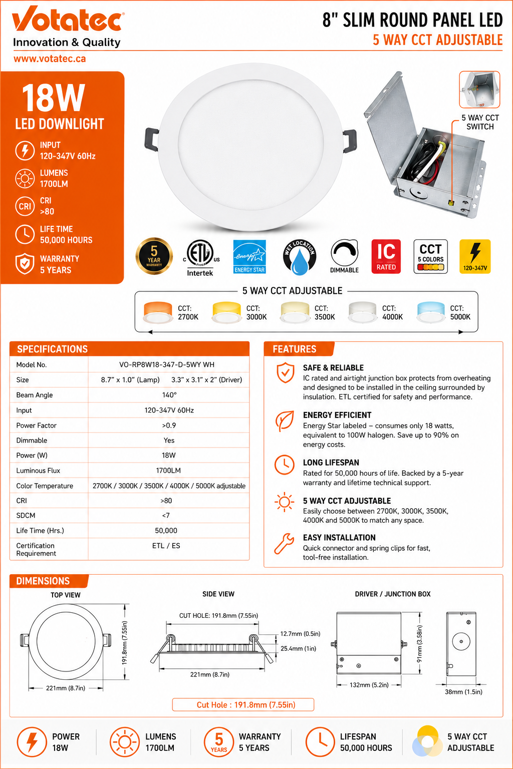 Votatec 8" Slim LED Pot Light — 5CCT Adjustable, Dimmable (120V)