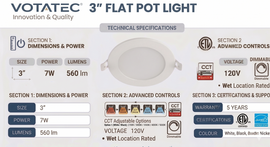 Votatec Encastré LED mince de 3 po, CCT 5 couleurs réglable, intensité variable (blanc/noir/nickel brossé)