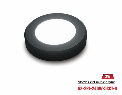 24V 3W 5CCT LED Under-Cabinet Puck Light, Black, NX-2PL-243W-5CCT-B
