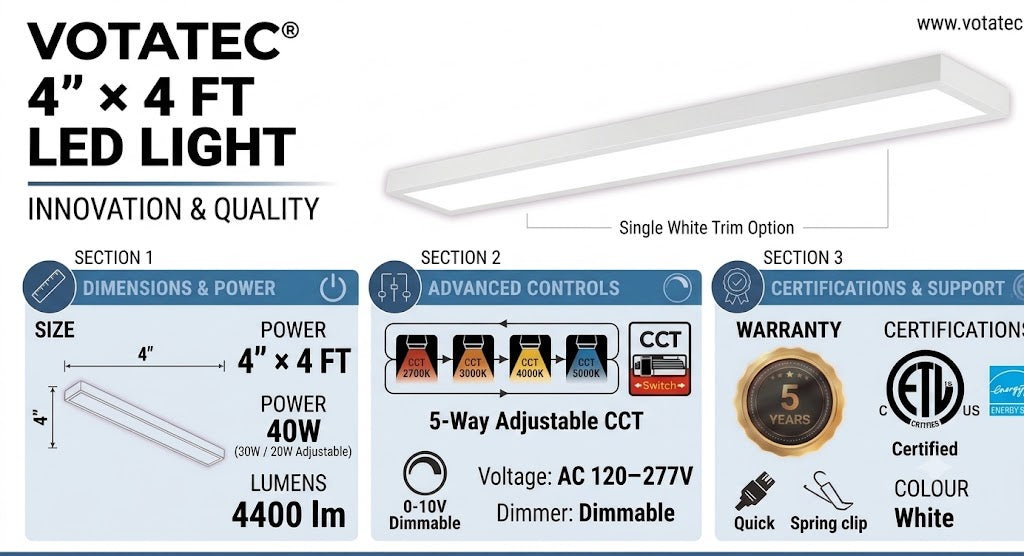 Votatec Linear LED Flush Mount 4"×4'  5CCT, 0-10V Dimmable