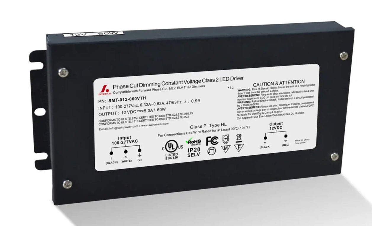 12V 5-in-1 Dimmable LED Power Supply — Class 2, Wet/Damp Rated