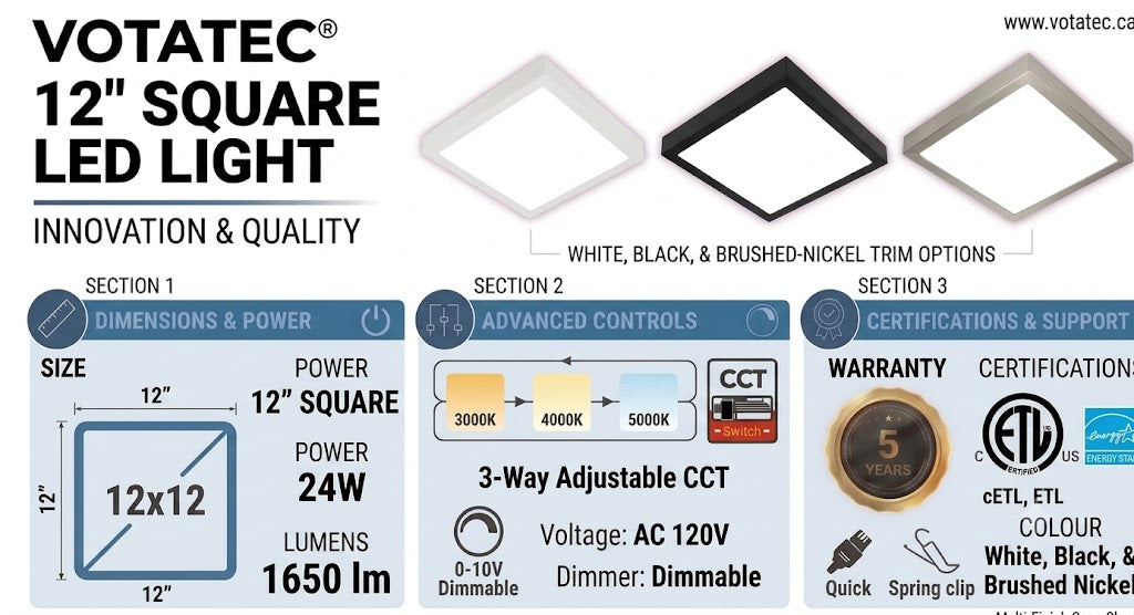 Votatec 12" Square LED Flush Mount  3CCT Adjustable, Dimmable