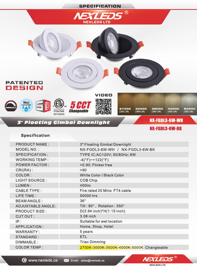 3" Floating Gimbal Pot Light — 5CCT, 360° Adjustable