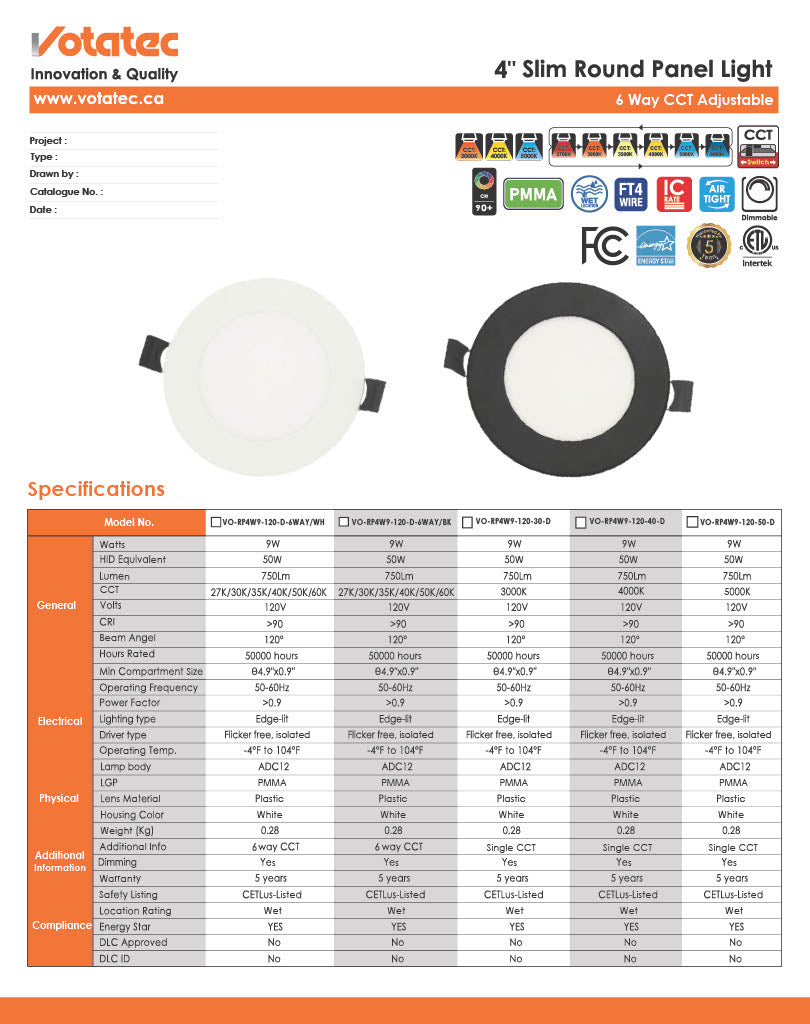 Votatec 4" Slim LED Pot Light 6 Way CCT Adjustable, Wet Location (White/Black)