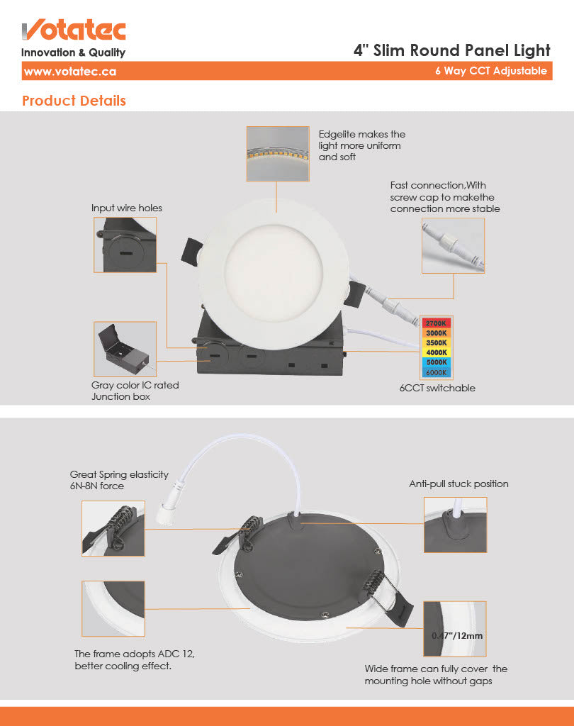 Votatec 4" Slim LED Pot Light 6 Way CCT Adjustable, Wet Location (White/Black)