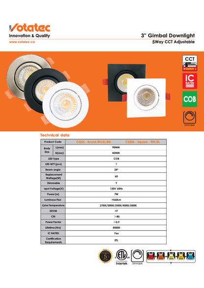 Votatec Encastré LED Gimbal 3" 5CCT Ajustable, Gradable (Blanc/Noir/Carré)