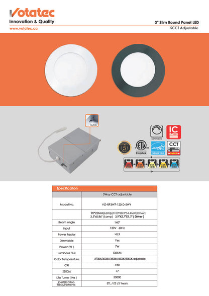 Votatec Encastré LED mince de 3 po, CCT 5 couleurs réglable, intensité variable (blanc/noir/nickel brossé)