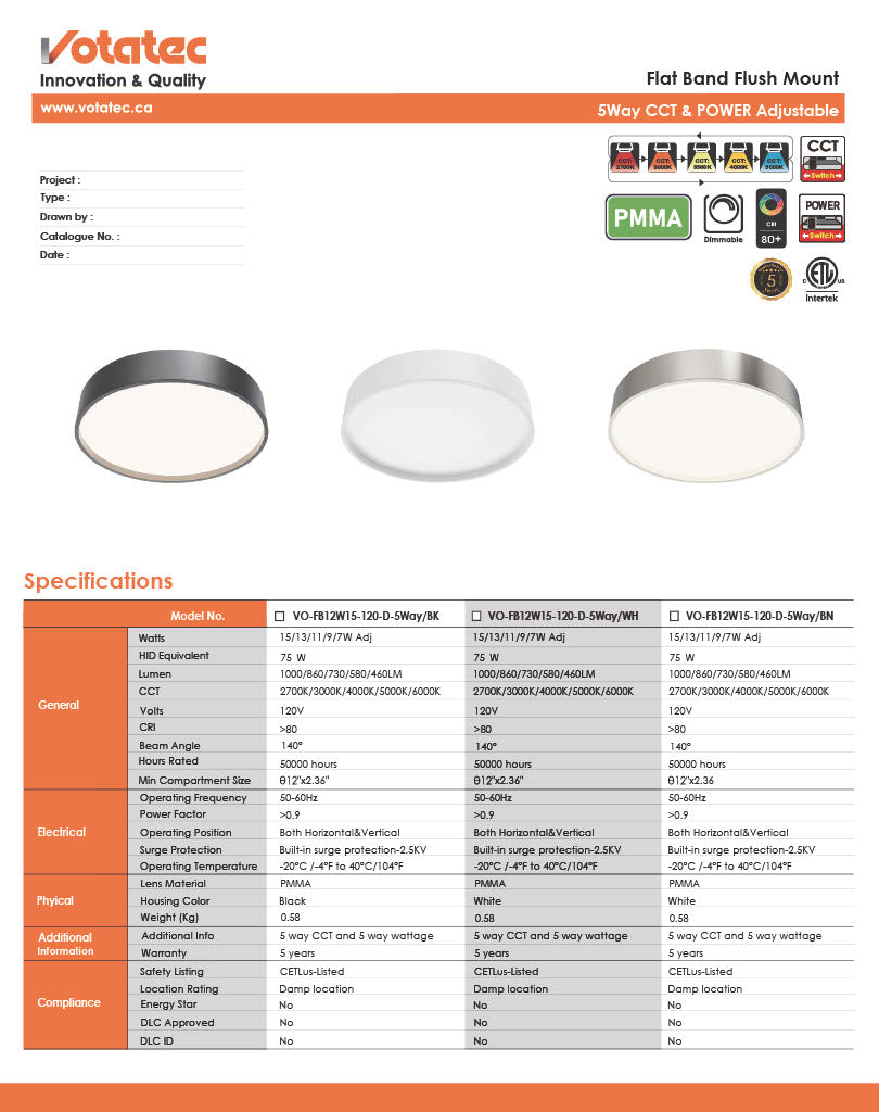 Votatec 12" Flat Band LED Flush Mount  5CCT Watt Adjustable (White/Black/Brushed Nickel)