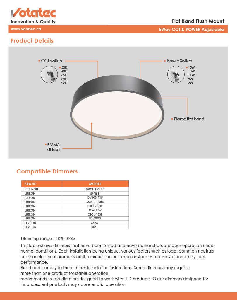 Votatec 12" Flat Band LED Flush Mount  5CCT Watt Adjustable (White/Black/Brushed Nickel)