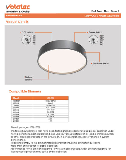 Votatec 12" Flat Band LED Flush Mount  5CCT Watt Adjustable (White/Black/Brushed Nickel)