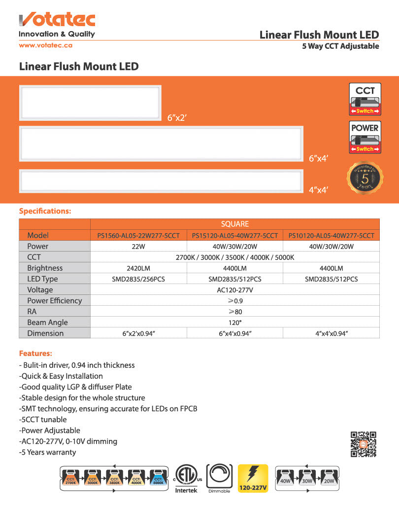 Votatec Linear LED Flush Mount 6"×2' 5CCT, 0-10V Dimmable