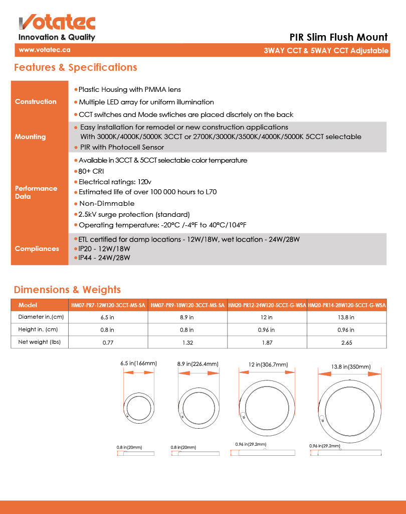 Votatec 12" Round LED Flush Mount with PIR Motion Sensor  5CCT