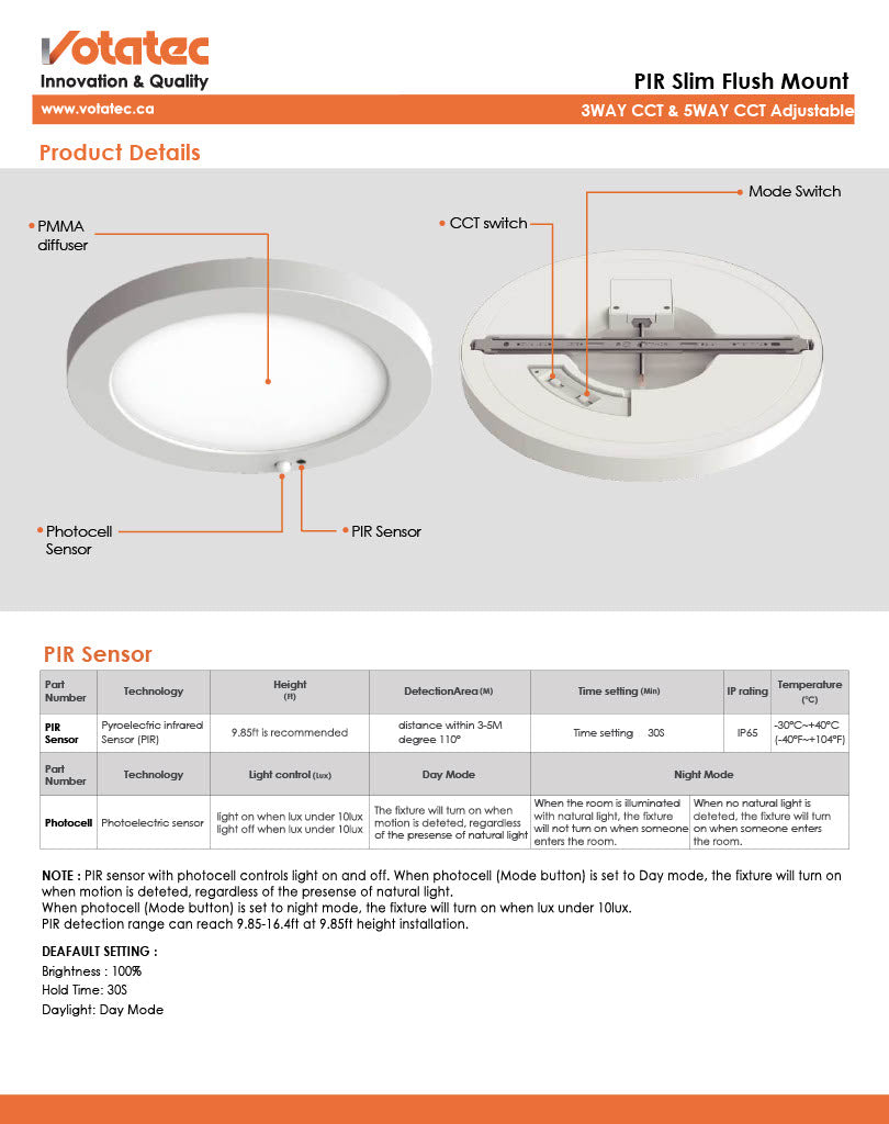 Votatec 12" Round LED Flush Mount with PIR Motion Sensor  5CCT