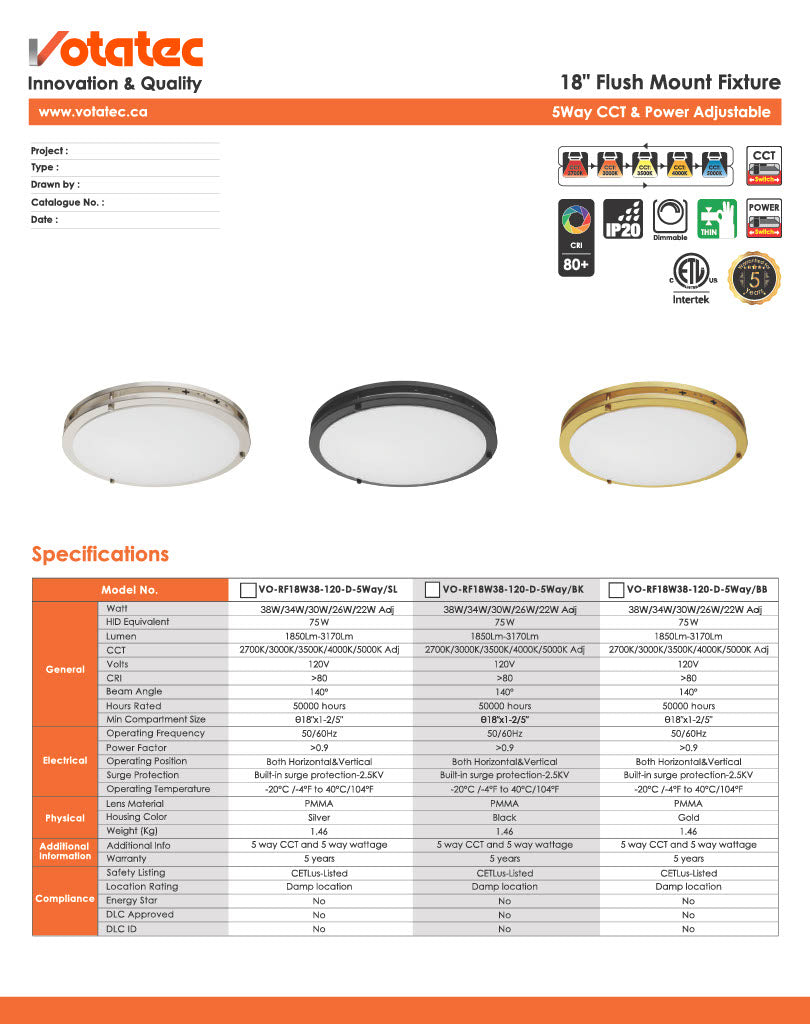 Votatec 18" Round LED Flush Mount 5CCT, Watt Adjustable (Silver/Black/Brushed Brass)