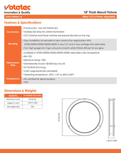 Votatec 18" Round LED Flush Mount 5CCT, Watt Adjustable (Silver/Black/Brushed Brass)