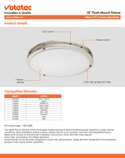 Votatec 18" Round LED Flush Mount 5CCT, Watt Adjustable (Silver/Black/Brushed Brass)