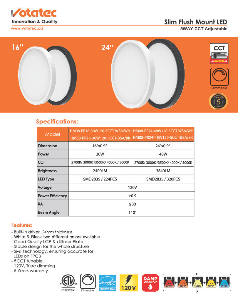 Votatec 24" Round LED Flush Mount  5CCT Adjustable, Dimmable