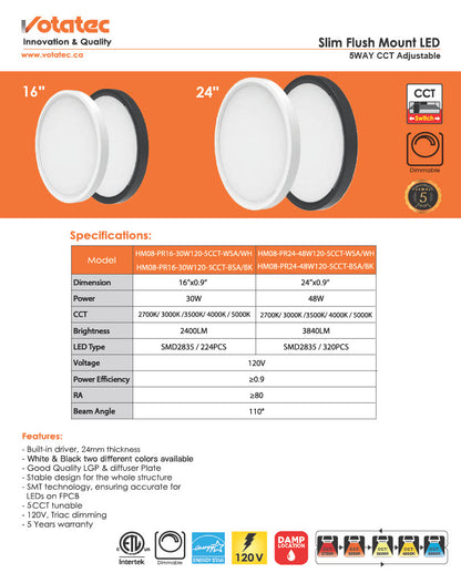 Votatec 24" Round LED Flush Mount  5CCT Adjustable, Dimmable
