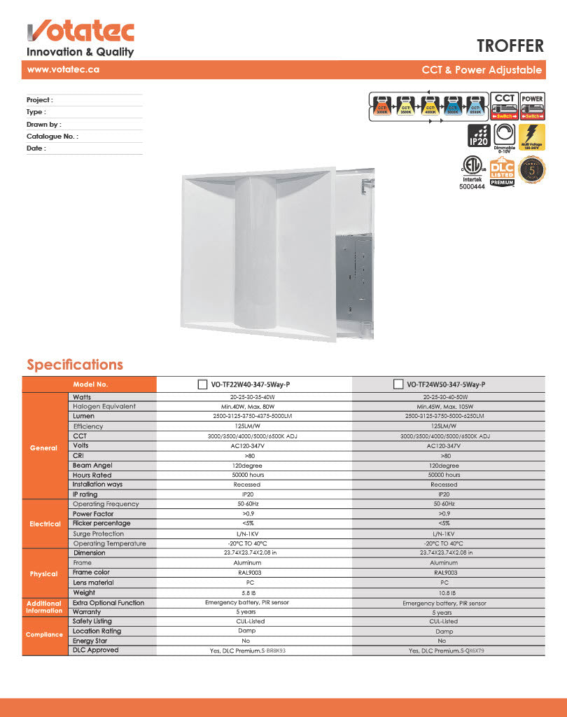 Votatec 2x2 Regular LED Troffer  5-Way CCT & Wattage Adjustable, 100-347V