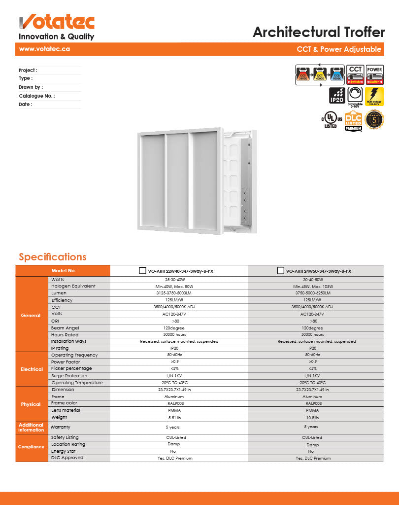 Votatec 2x2 Architectural LED Troffer — 3-Way CCT & Watt Adj, 100-347V