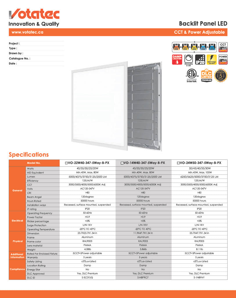 Votatec 2x2 Back-Lit LED Panel  5Way CCT & Wattage Adjustable, 100-347V
