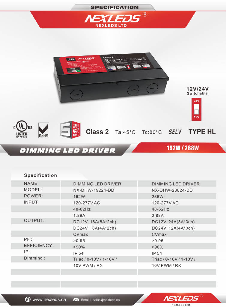 Nexled Dimming LED Driver, Class 2, 24V, Multi-Protocol, 192W/288W, IP65 (ETL)(Triac + 0-10V Dimming)