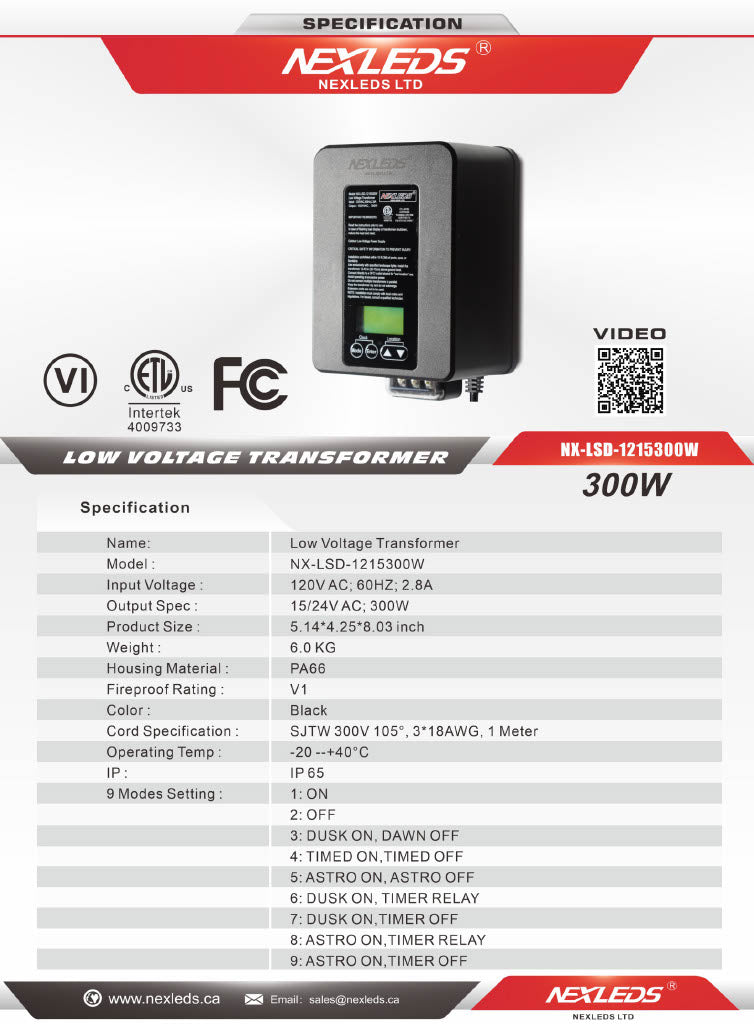 Nexled Low Voltage Transformer, 120W/300W, 24V AC,Timer + Photocell, IP65 (ETL)-for Landscaping lights only.