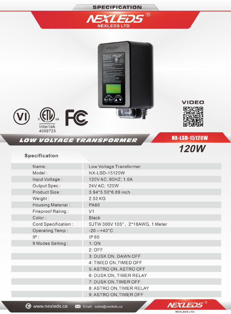 Nexled Low Voltage Transformer, 120W/300W, 24V AC,Timer + Photocell, IP65 (ETL)-for Landscaping lights only.