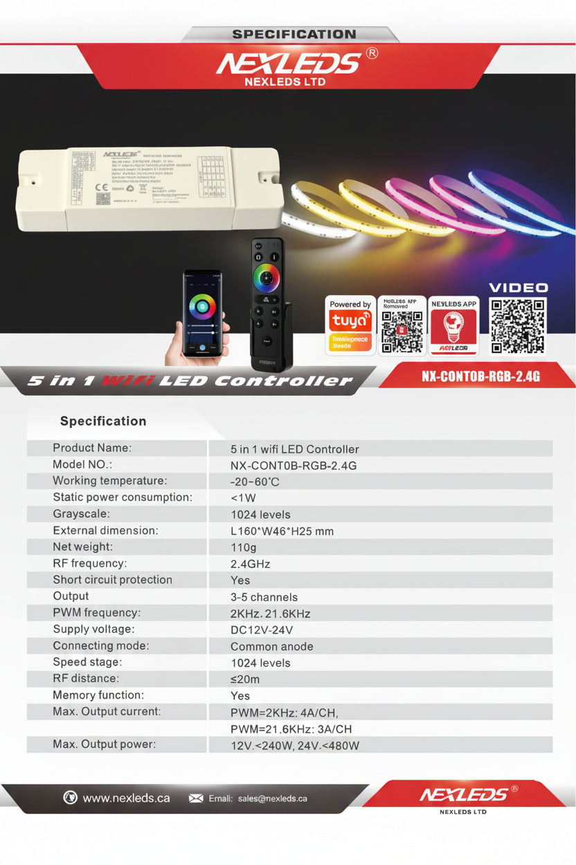 A product specification sheet for the NEXLEDS NX-CONT08-ROB-2.4G 5-in-1 LED controller.